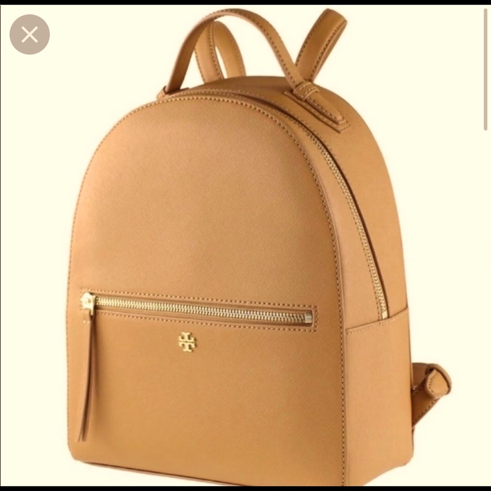 Tory burch Emerson backpack with gold accents.